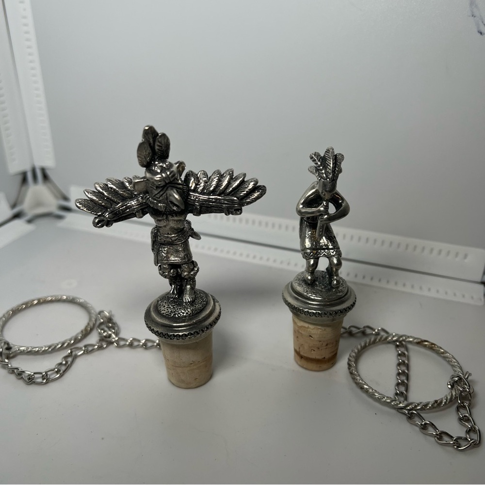 Native American Wine Stoppers Chain 1990 Pewter Set Of 2